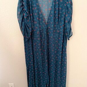 Torrid Teal kimono with Red Floral Pattern
